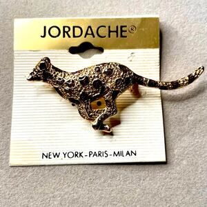 Vintage Jordache Running Leopard Gold Tone Brown Enamel Brooch